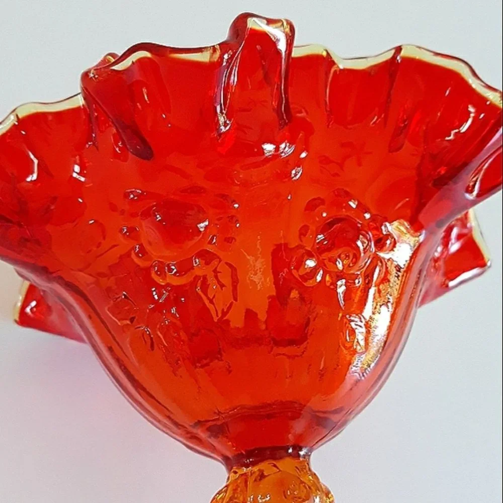 Vintage Amberina Glass Ruffled Compote Candy Dish Pedestal Bowl